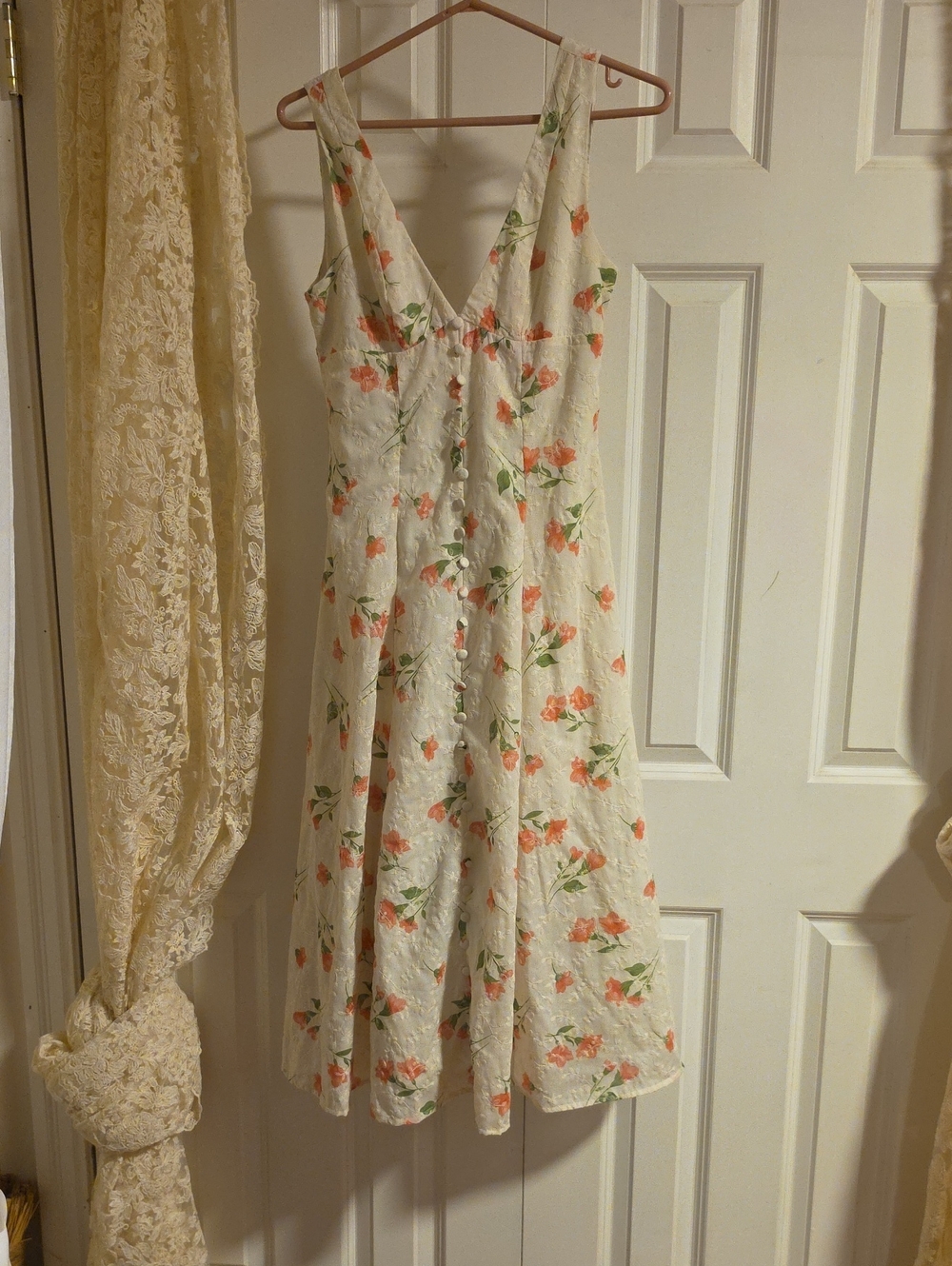 Floral V-Neck Button Front Midi Dress - Cream with Coral & Green Floral Print